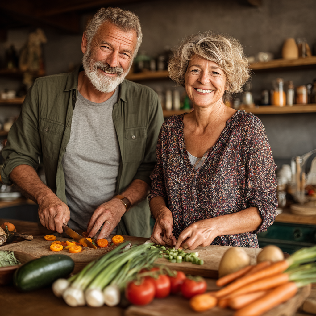 Middle-aged couple in their 50s preparing healthy meal together in modern kitchen, smiling while chopping fresh vegetables